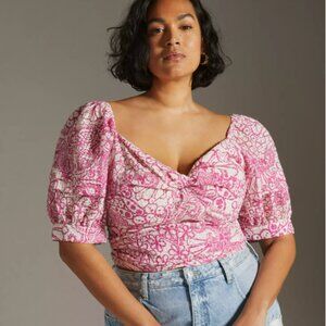 Maeve Anthropologie Large Tie Top Pink White Puff Sleeve Floral V Neck Boho